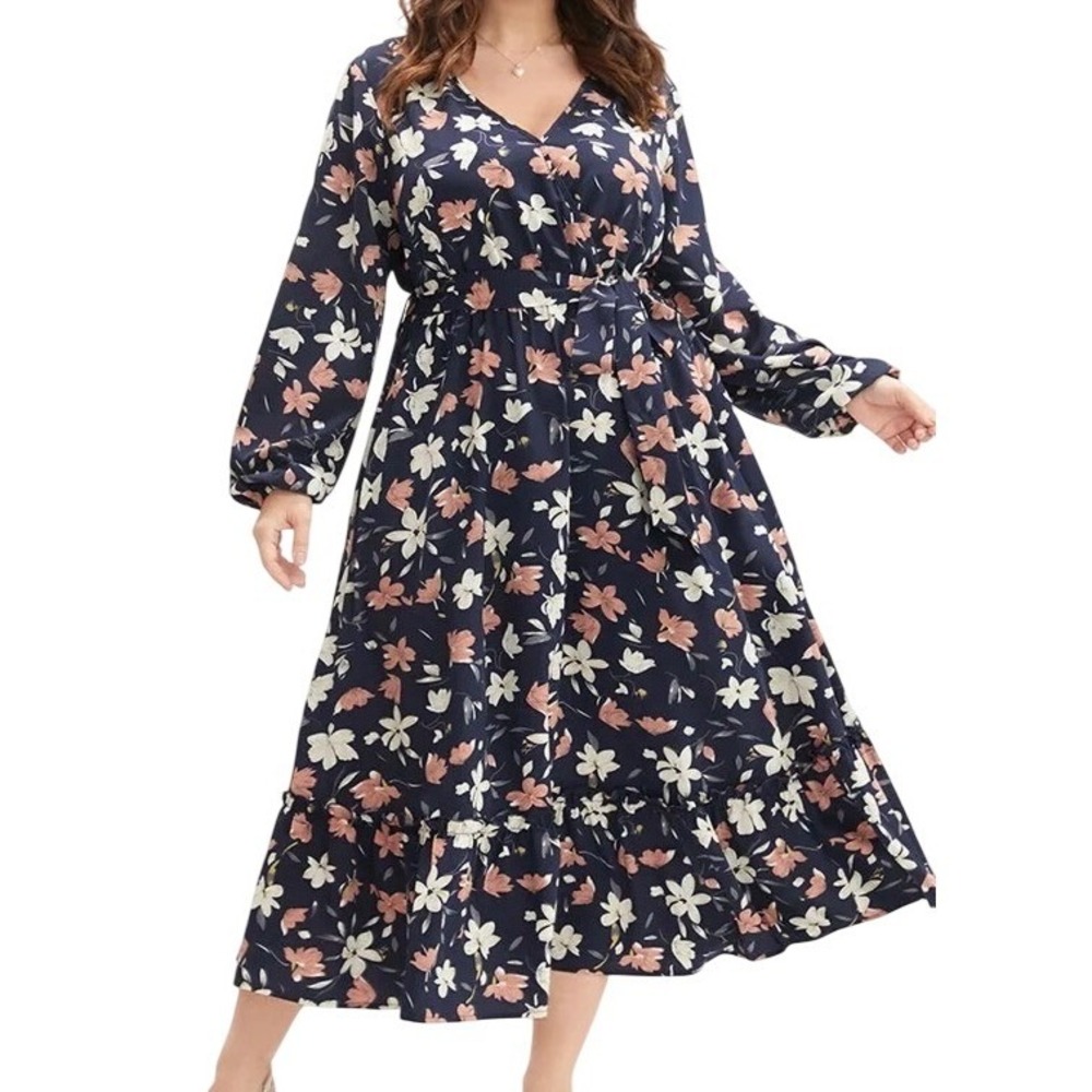 BloomChic Floral Maxi Dress Women Sz28 Navy Blue Long Sleeve Wrap Boho Romantic